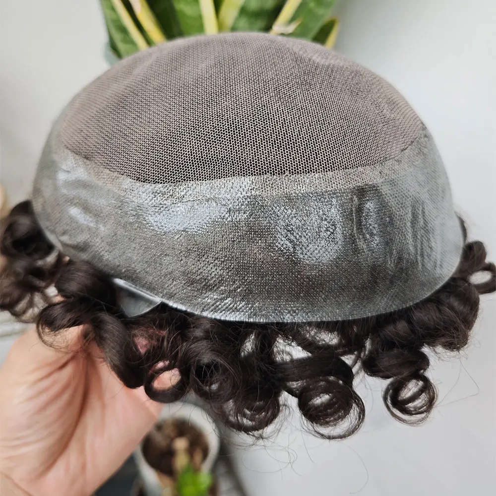 Dark Brown Human Hair Piece Toupee For Men French Lace PU Around Australia Style 25MM Natural Curly Hair System Men's Wig 2#8x10