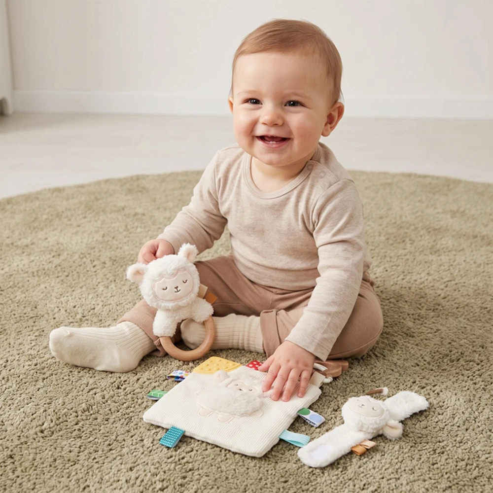 Soft Lamb Baby Toy Set Wrist Rattle Cloth Book Teether Montessori Educational Toys 0-12M Sensory Comfort Toys Newborn Gifts