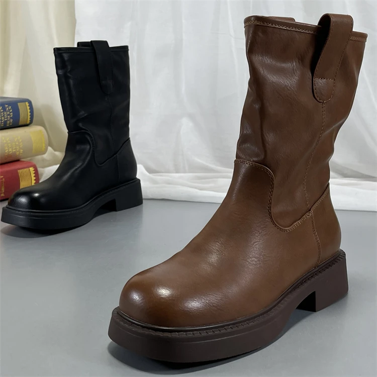 Genuine Leather Boots Women's Chelsea Boots Thi Bot Waterproof round Toe Warm Winter Boots ort Tube Briti Sle