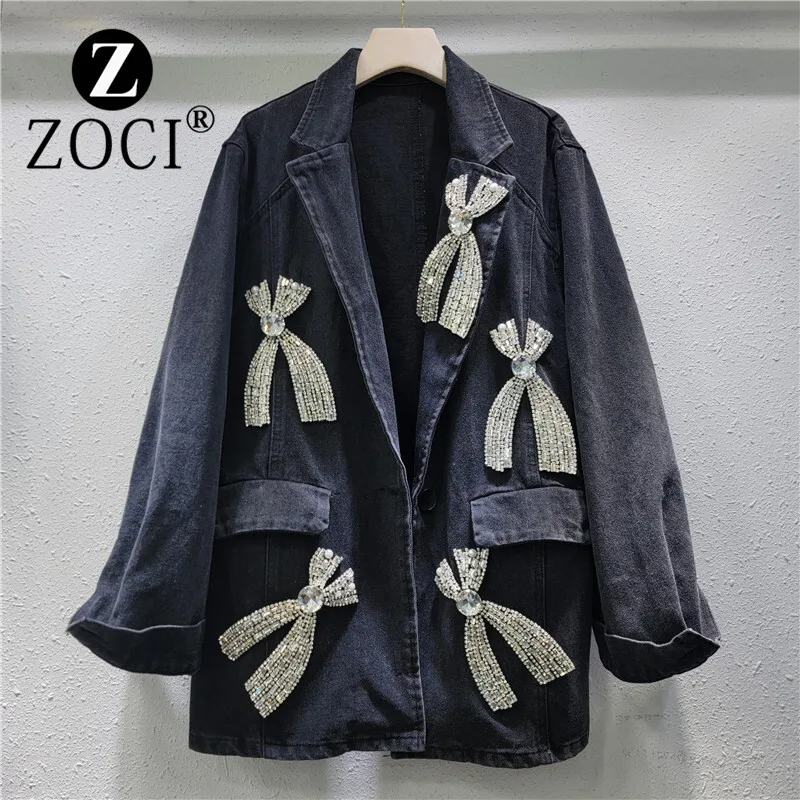 [ZOCI] 2024 Autumn Style Design Sense Heavy Duty Water Diamond Bow Decoration Denim Suit Coat Trendy