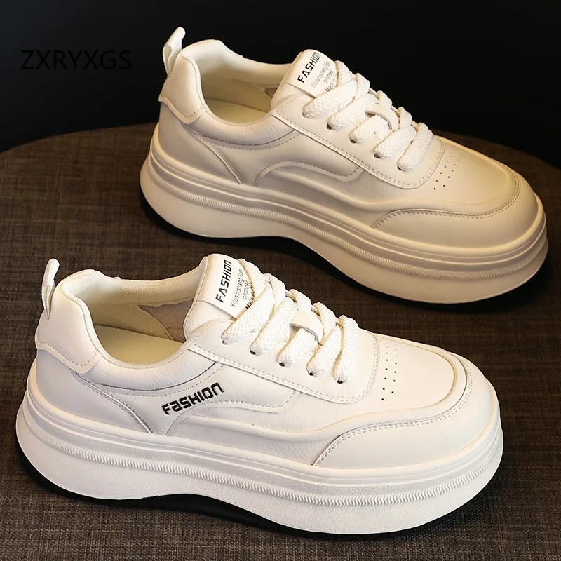 ZXRYXGS Real Leather White Shoes for Women 2025 New Popular Thick Soled Student Versatile Travel Sneakers Leisure Trendy Shoes