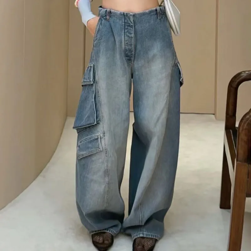 Women's vintage washed wide-pocket workwear jeans - high-waisted loose wide-leg pants - draping floor-length denim trousers