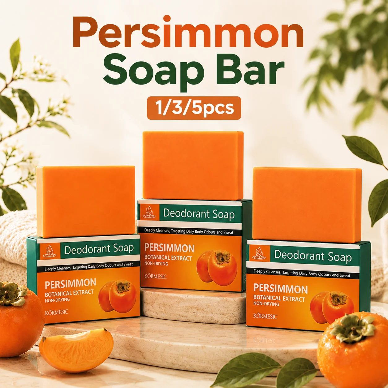 Persimmon Soap Bar Body Odor Removal Gentle Deodorant Bath Soap Deep Cleansing Face Wash Handmade Bar Soap