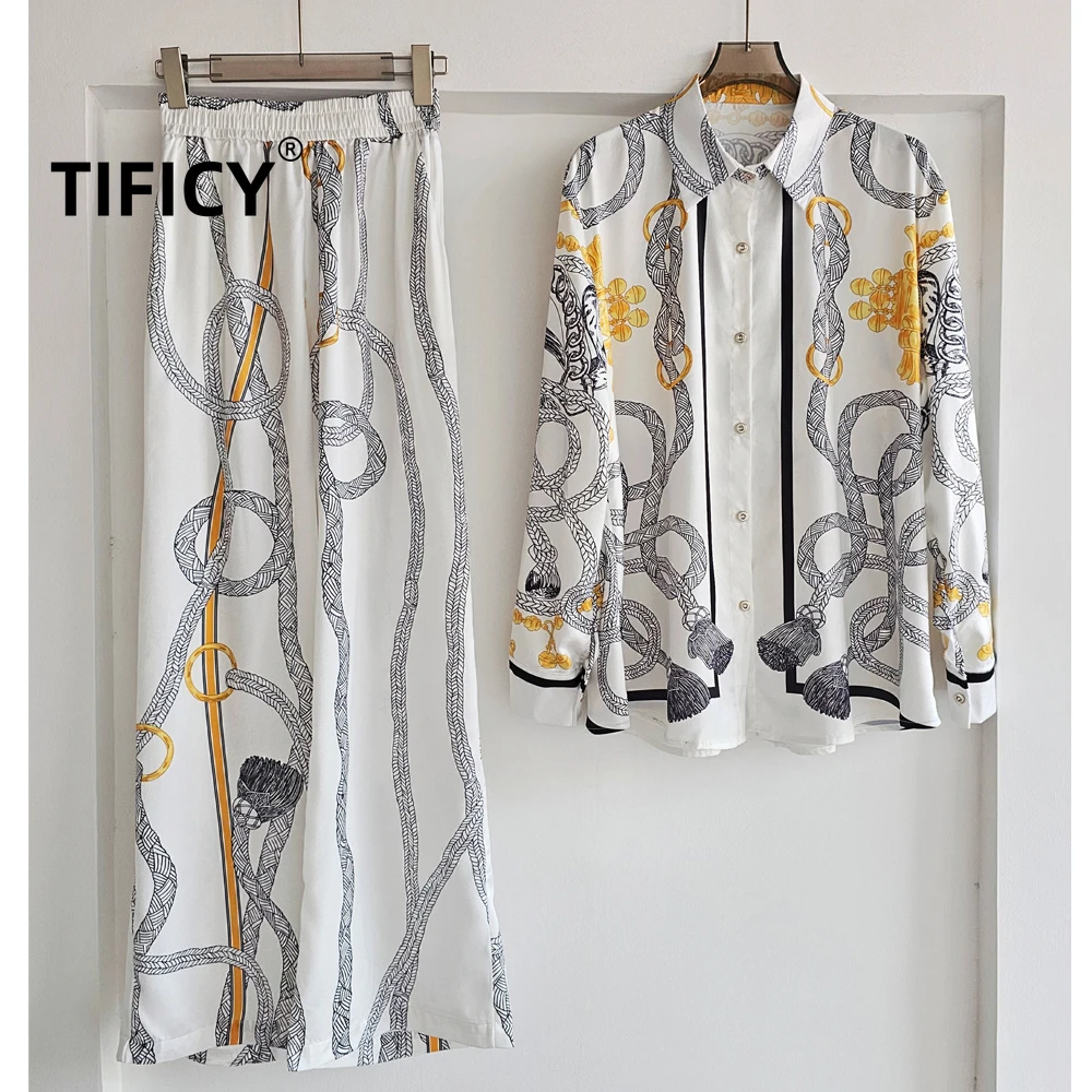 

High Street Two Pieces Set Women's Knot Printed Long Sleeved Shirt + Wide Leg Pants Autumn Style Fashionable Suit