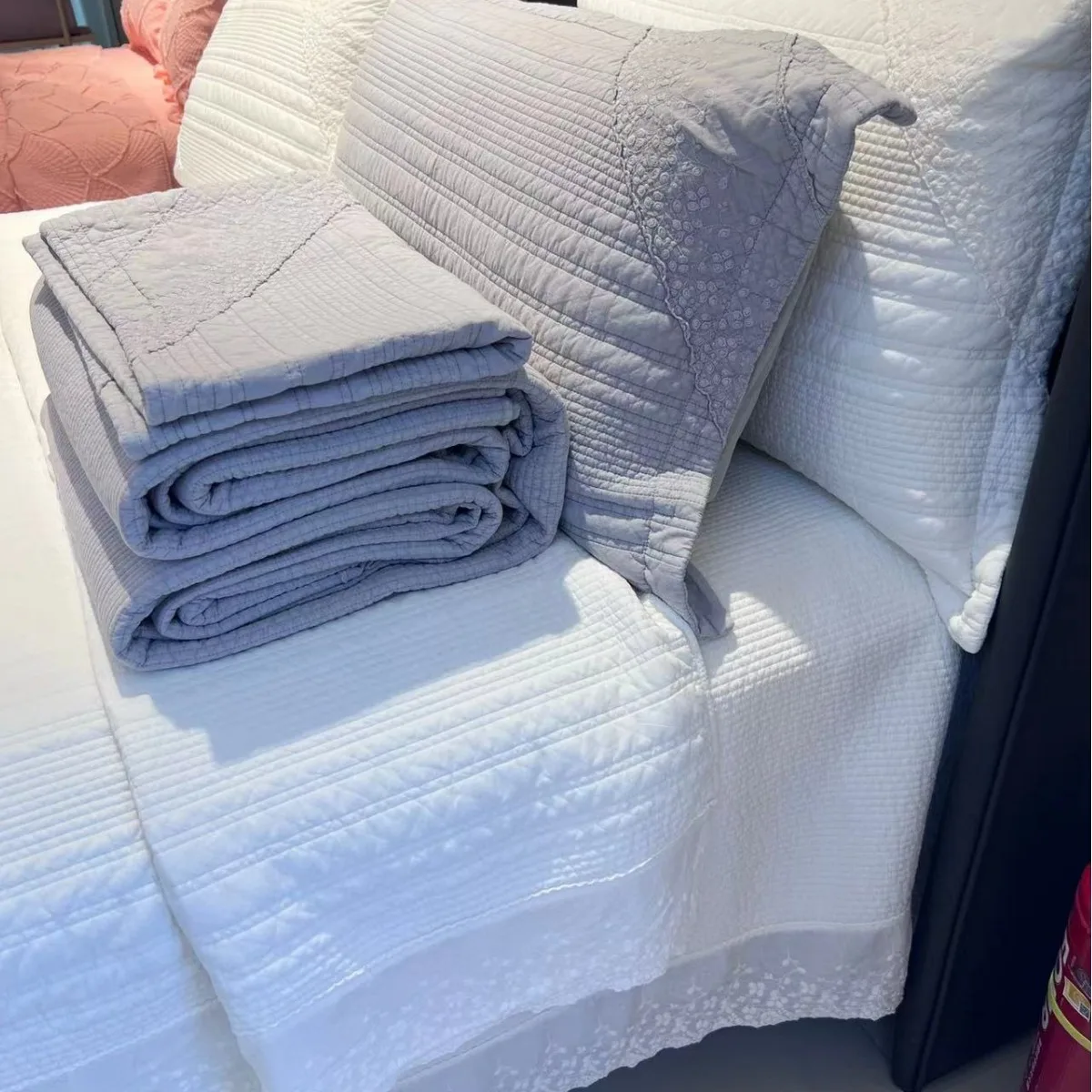 French Style Plain Color Quilt Set 3pcs - Sand Washed 100% Cotton Queen Size Bedding with Lace Trim, Elegant Duvet Cover & Bedsp