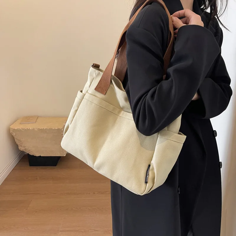 

Модная простая однотонная холщовая сумка-тоут, дизайнерская роскошная сумка для женщин, новая студенческая сумка через плечо, повседневные многофункциональные сумки