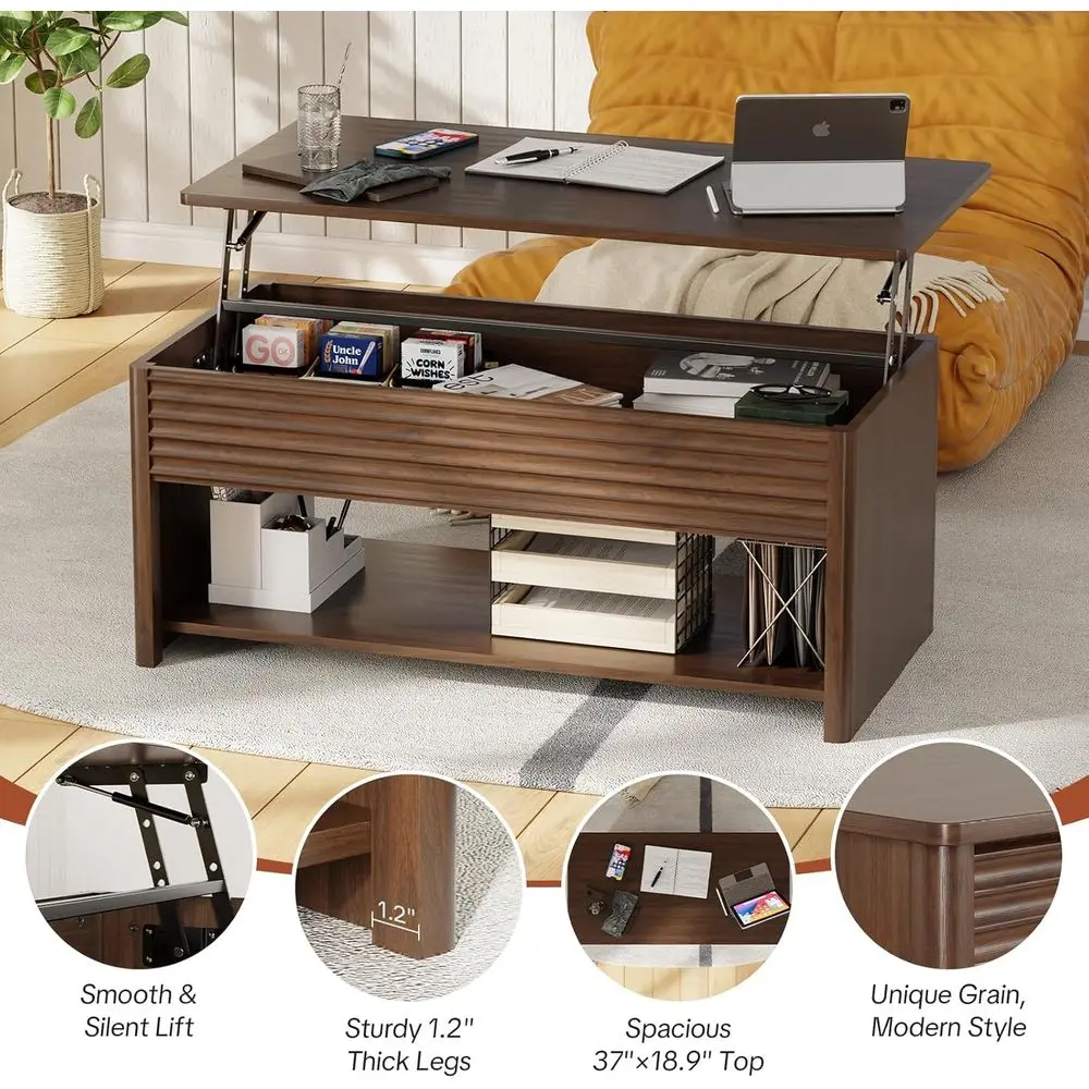 Modern Rectangular Lift-Top Coffee Table with Fluted Design, Storage, and Rounded Edges in Brown