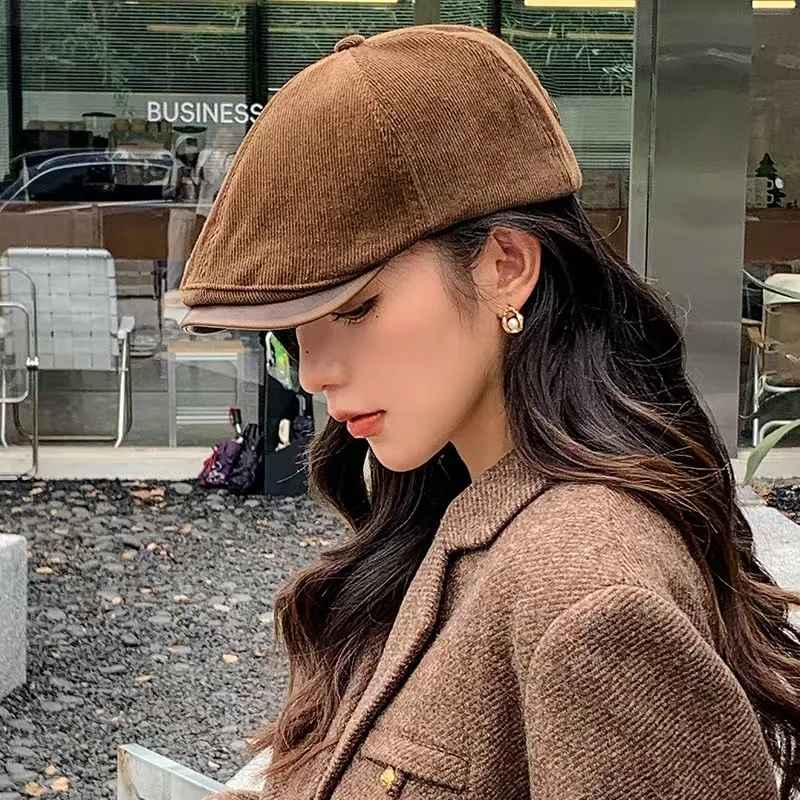 

Retro Corduroy Newsboy Caps British Painters Hats Autumn Winter Berets Black Flat Cap Hip Hop Berets