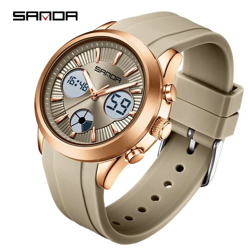 SANDA9105 2025 ساعة رجالية جديدة ، شاشة LED مزدوجة للنساء ضوء ليلي ثلاثي المكان ساعة توقيت ، ساعة رياضية للطلاب مقاومة للماء