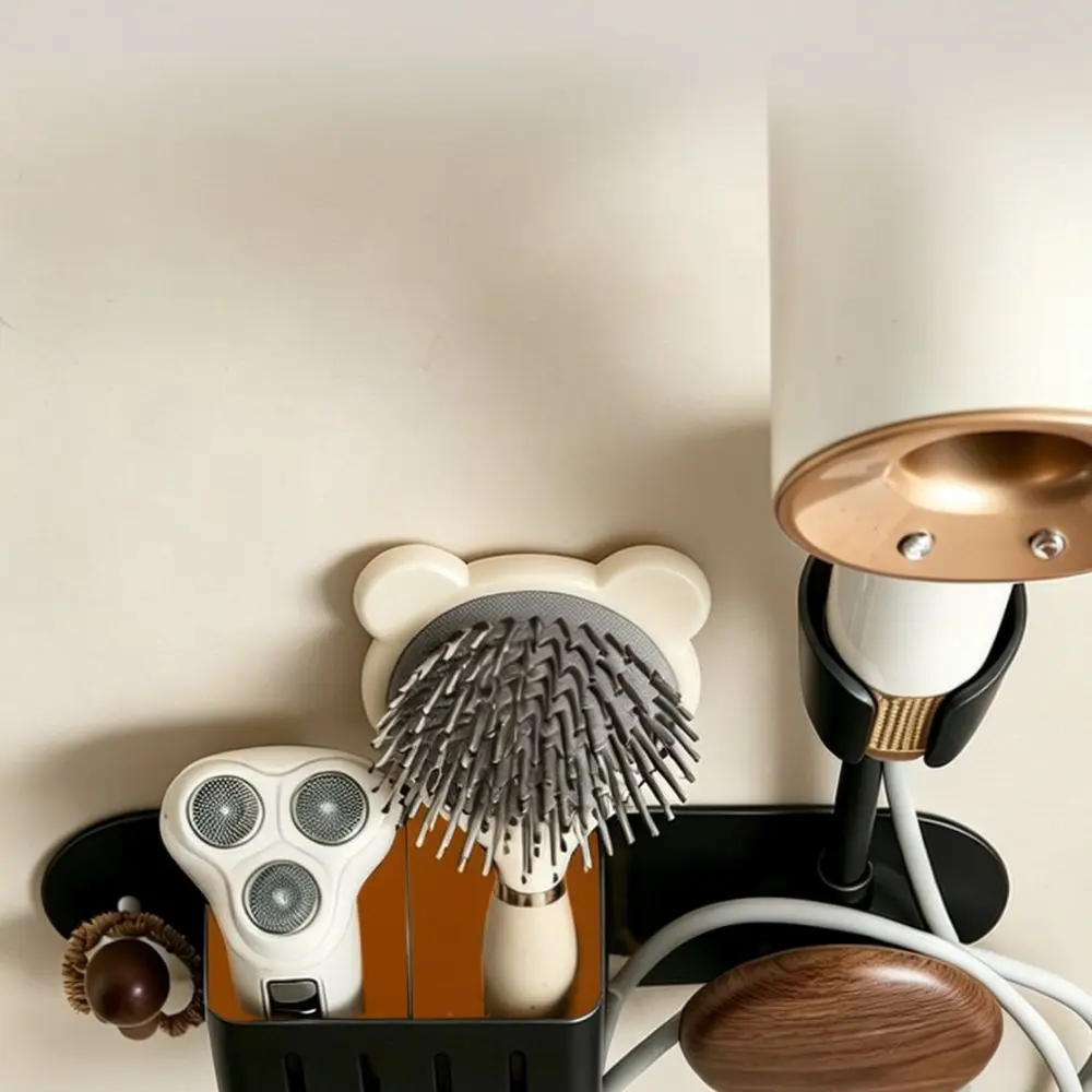 Bathroom Hair Dryer Storage Stand Walnut Finish Wall Mount Organizer Hands Free Blow Dryer Rack For Home Bathroom