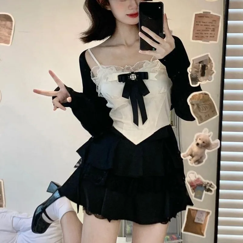 Japanese Kawaii Lolita 3 Piece Set Women Patchwork Vintage Sweet Mini Skirt Suit Female Korean Fashion Casual Suit Sexy Winter