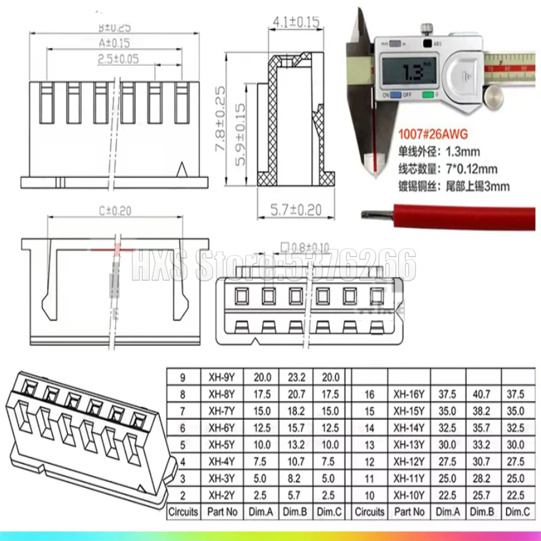 5Sets JST XH2.54  Wire Cable Connector 2.54mm 2/3/4/5/6/7/8/9/10/11/12 Pin Pitch Male Female Plug Socket 20cm Wire Length 26AWG