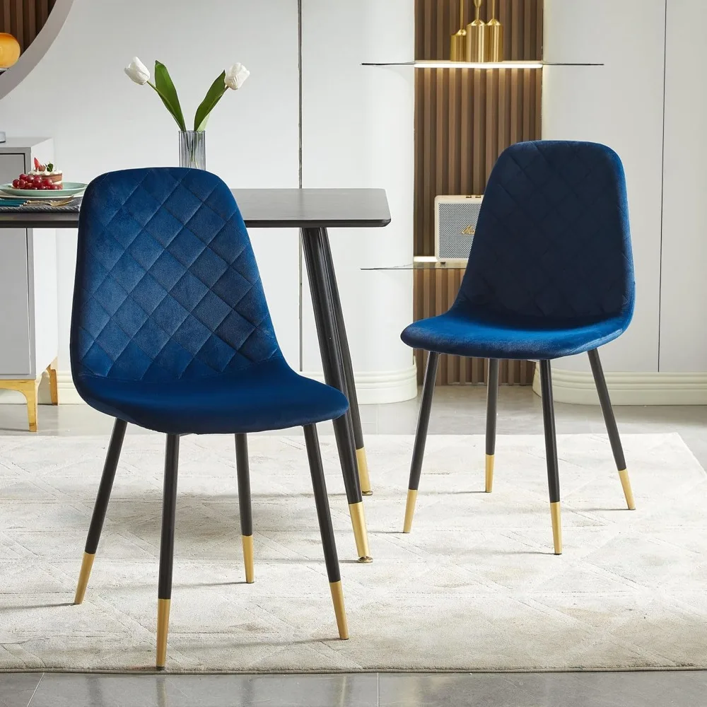 Velvet Dining Chairs Kitchen Plain Color Chair Upholstered Side Stools with Backrest Metal Legs Set of 4, Navy Blue