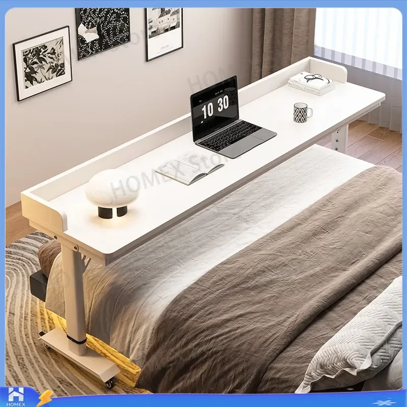 Adjustable Height Laptop Desk Overbed Table Movable Rolling Computer Stand Solid Wood Strip Study Writing Table for Small