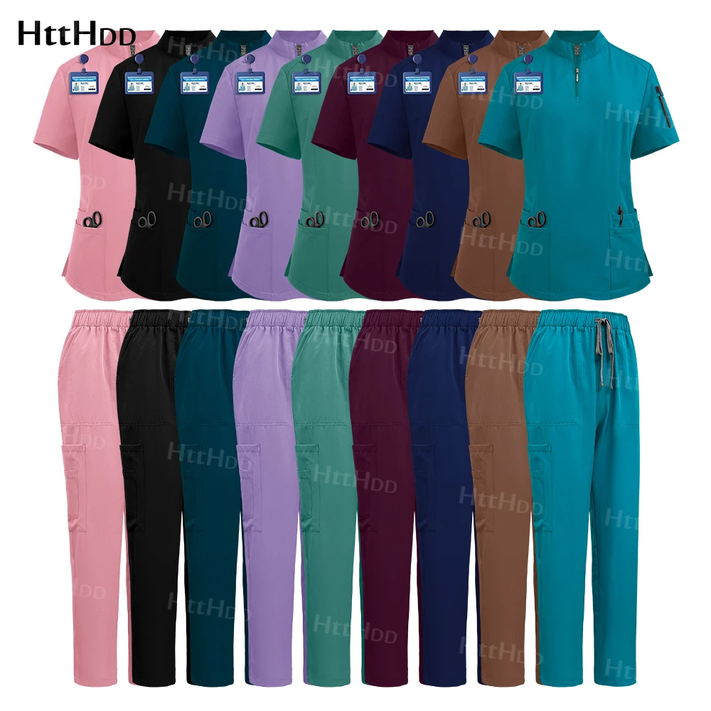 Uniformes de enfermera de alta calidad para mujer, Top de manga corta y pantalones, trajes, accesorios de Hospital, uniforme médico clínico, superventas