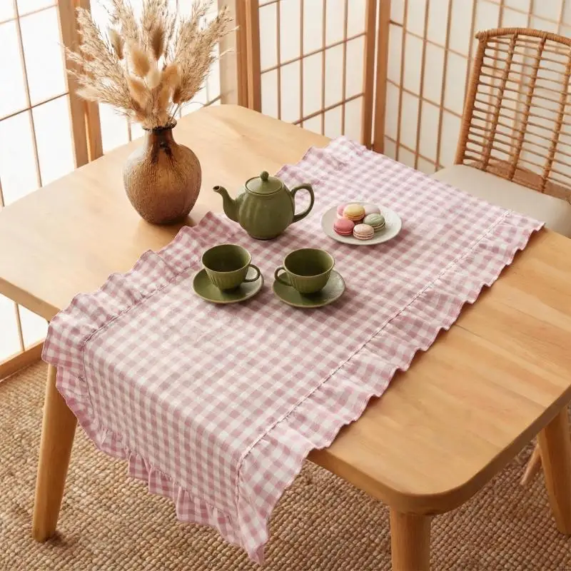 Washable Dining Table Runner, 13.8 x 70.9 In Polyester Gingham Fabric Tablecloth with Ruffle for Daily Meals, Casual Hosting
