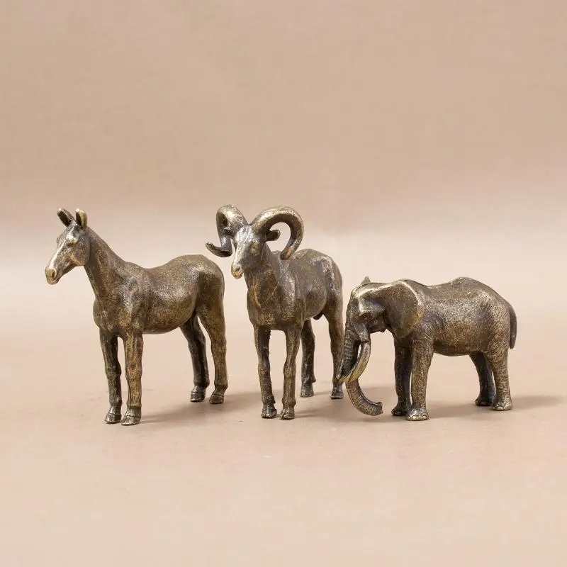 Solid Brass Animal Figurines Horse Ram Elephant Rhinoceros Toad Tiger Retro Design For Home Office Decor Collectible Gift