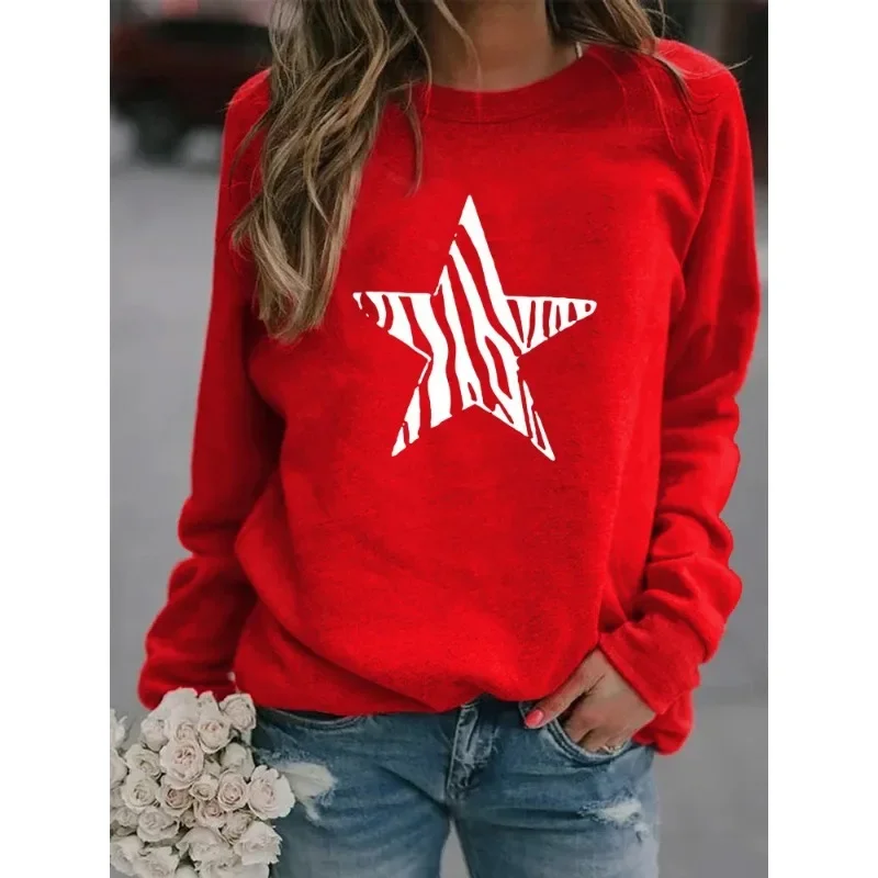 Five-pointed Star Print Long-sleeved Crew-neck Hoodie Woman Streetwear Women  Sweatshirts  Sweatshirt  Clothes