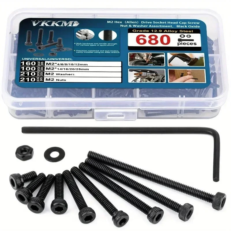 VKKM 680 pcs M2 Hex (Allen) Drive Socket Head Cap Bolt Assortment Kit, Screw, Nut & Washer Set, Black Oxide, M2