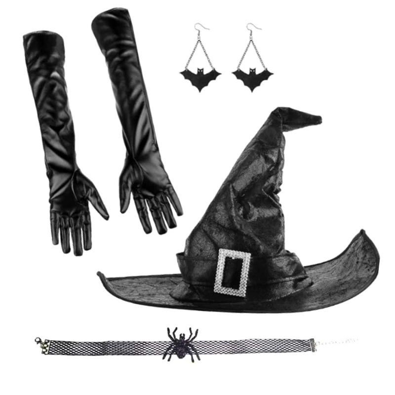 Halloween Cosplay Witch Costume Set Ruched Hat Earrings Gloves Masquerade Outfit