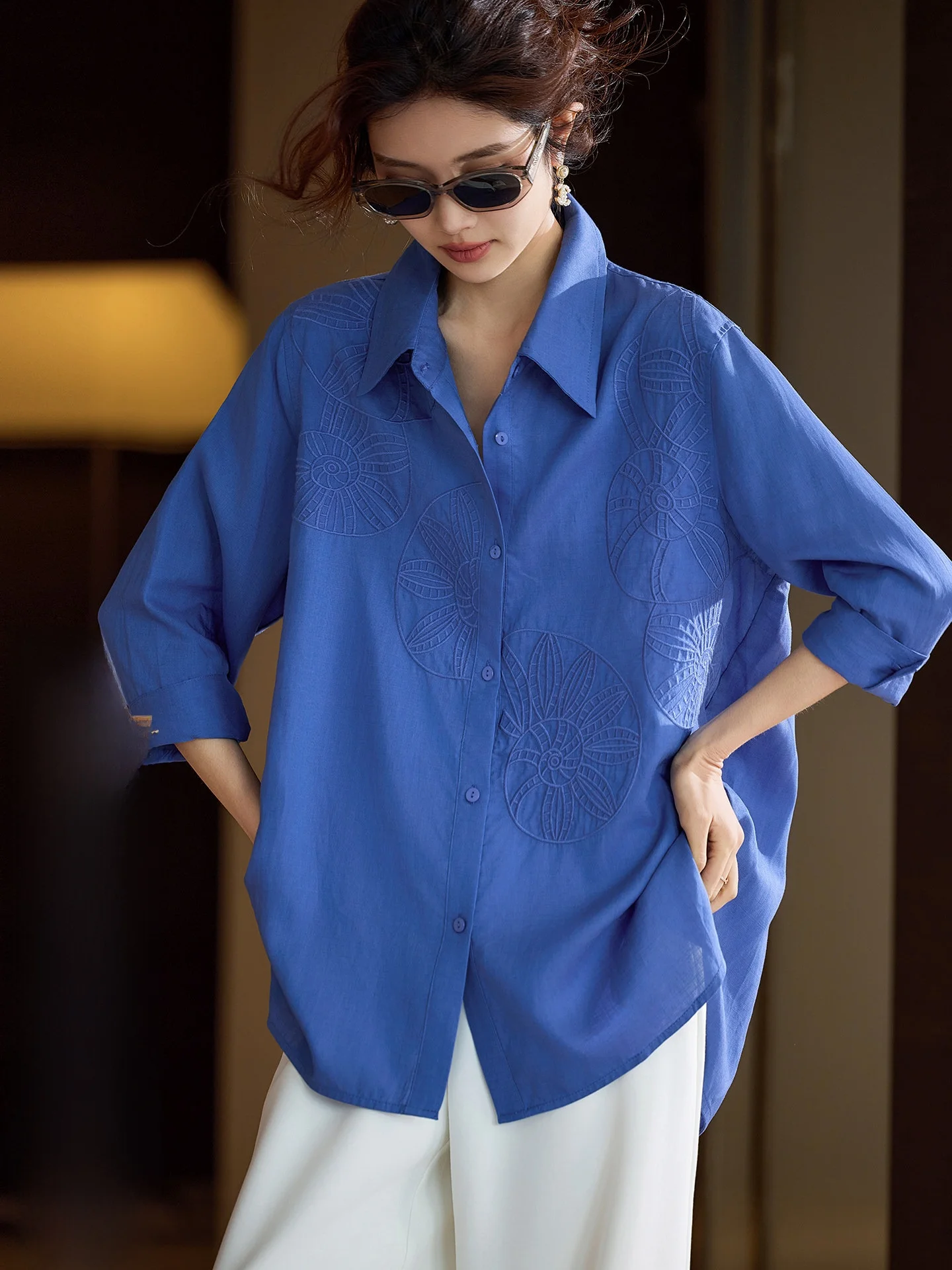 

Elegant Embroidered Long Sleeve Shirt Women's European Style Hollow out Collared Blouse Breathable Streetwear Spring Fashion