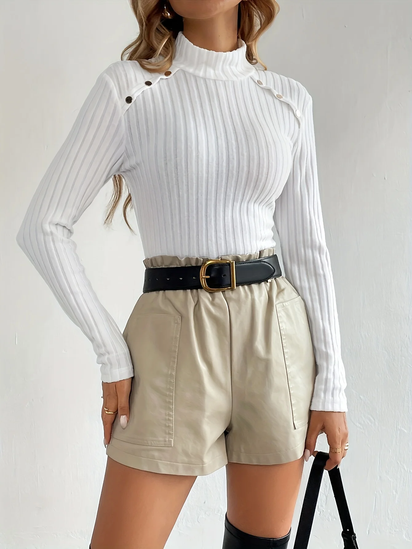 سترة بياقة مدورة مضلعة بيضاء للنساء؛ طبقة أساسية للتخسيس بأكمام طويلة؛ قمة داخلية مناسبة للفتيات الحارة #4