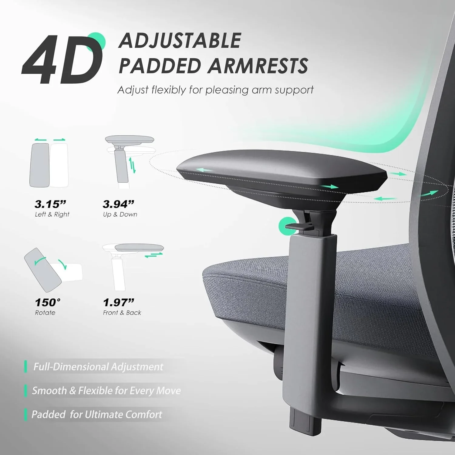 Ergonomic Office Chair, High Back Executive Desk Chair with Adjustable Lumbar Support & Headrest, 4D Arms