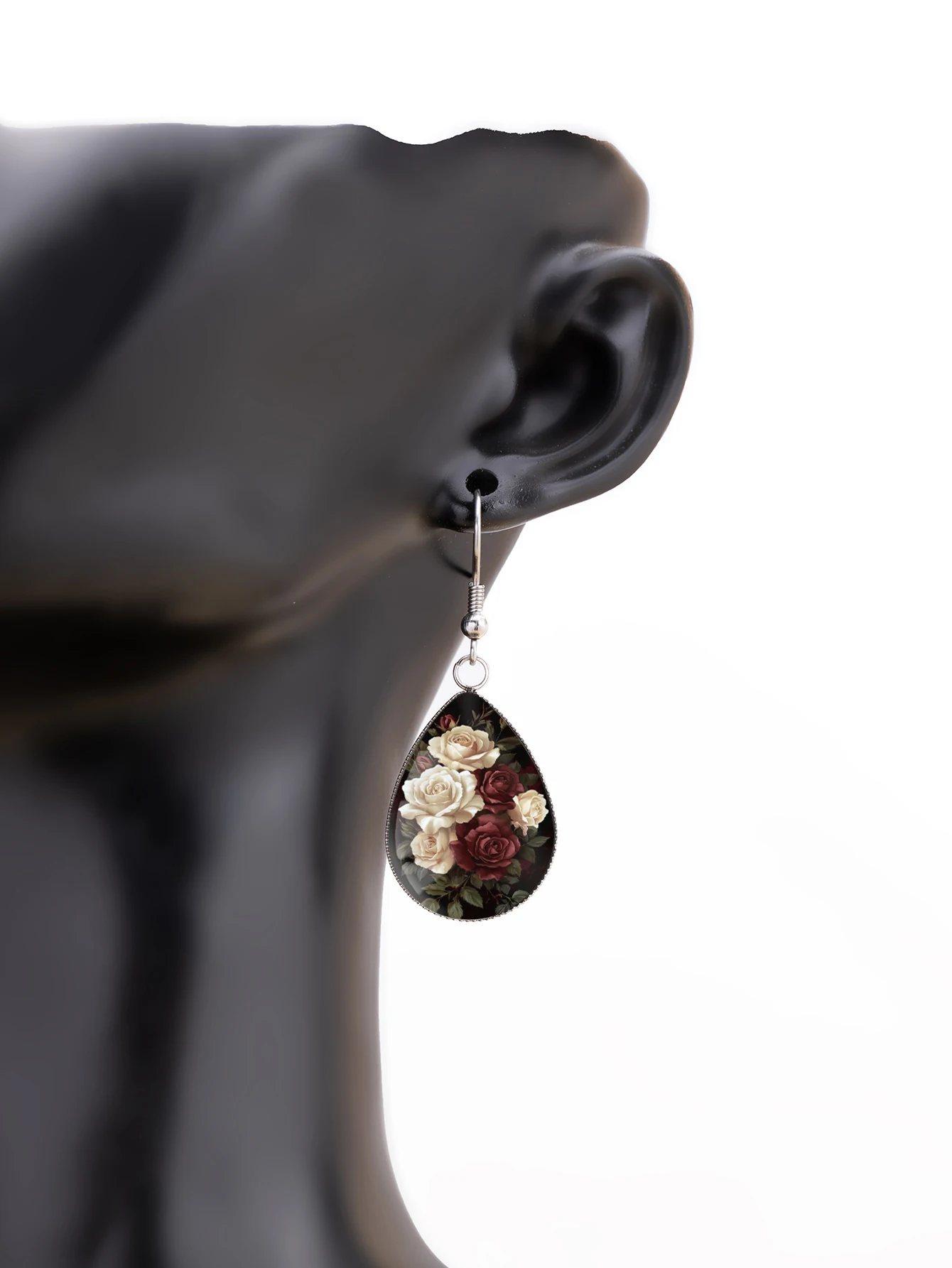 1 Pair of Burgundy and Off-White Rose Pattern Earrings with Convex Glass and 316 Stainless Steel Water Drop Design, Classic Romantic Style Suitable for Men and Women, Ideal for Gift-Giving and Party Wear Jewelry