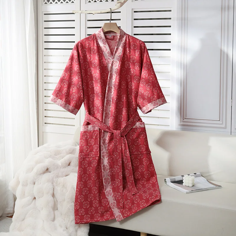 Breathable Japanese Women 100% Cotton Yukata Kimono Robe, Summer Double Gauze Bathrobe, Thin Spa Sauna Pajamas, Belted Homewear