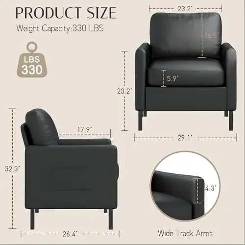 Mid Century Black Leather Mordern Accent Chairs Set of 2 for Living Room | Cloud Small Sofa With 2 Side Pockets Thick
