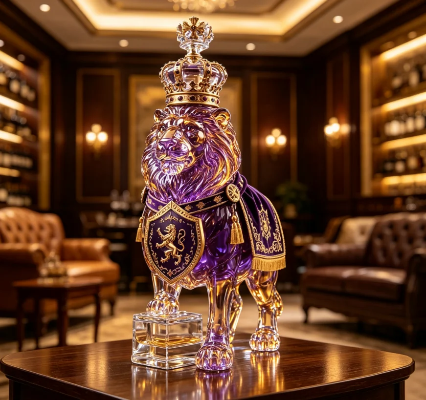 Hand Blown 3D Lion Glass Liquor Decanter Bottle with Crown Cap, Clear Spirit Vessel for Whiskey Rum, Table Bar Display Art