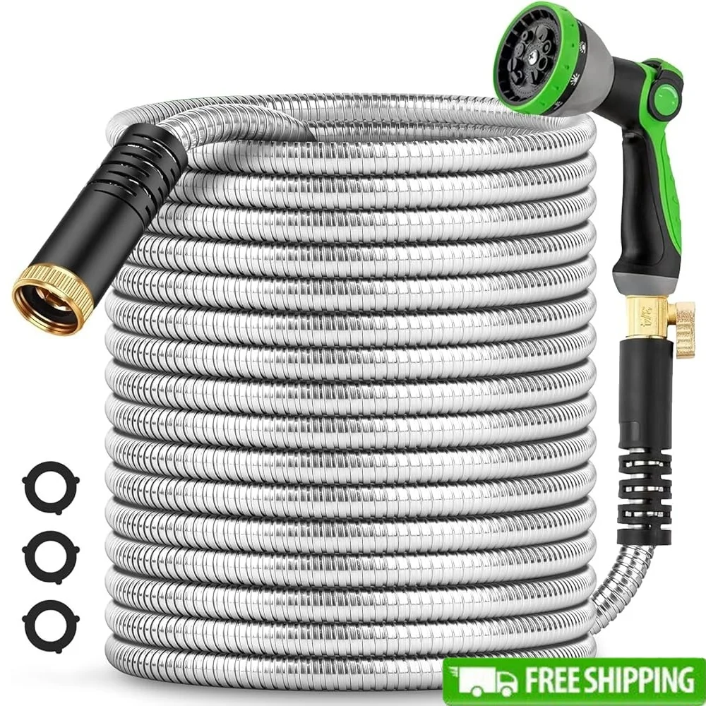 

200Ft Metal Garden Hose Flexible Lightweight Kink-Free Water Hose with 10-Function Nozzle 3/4 Inch Solid Connectors Durable