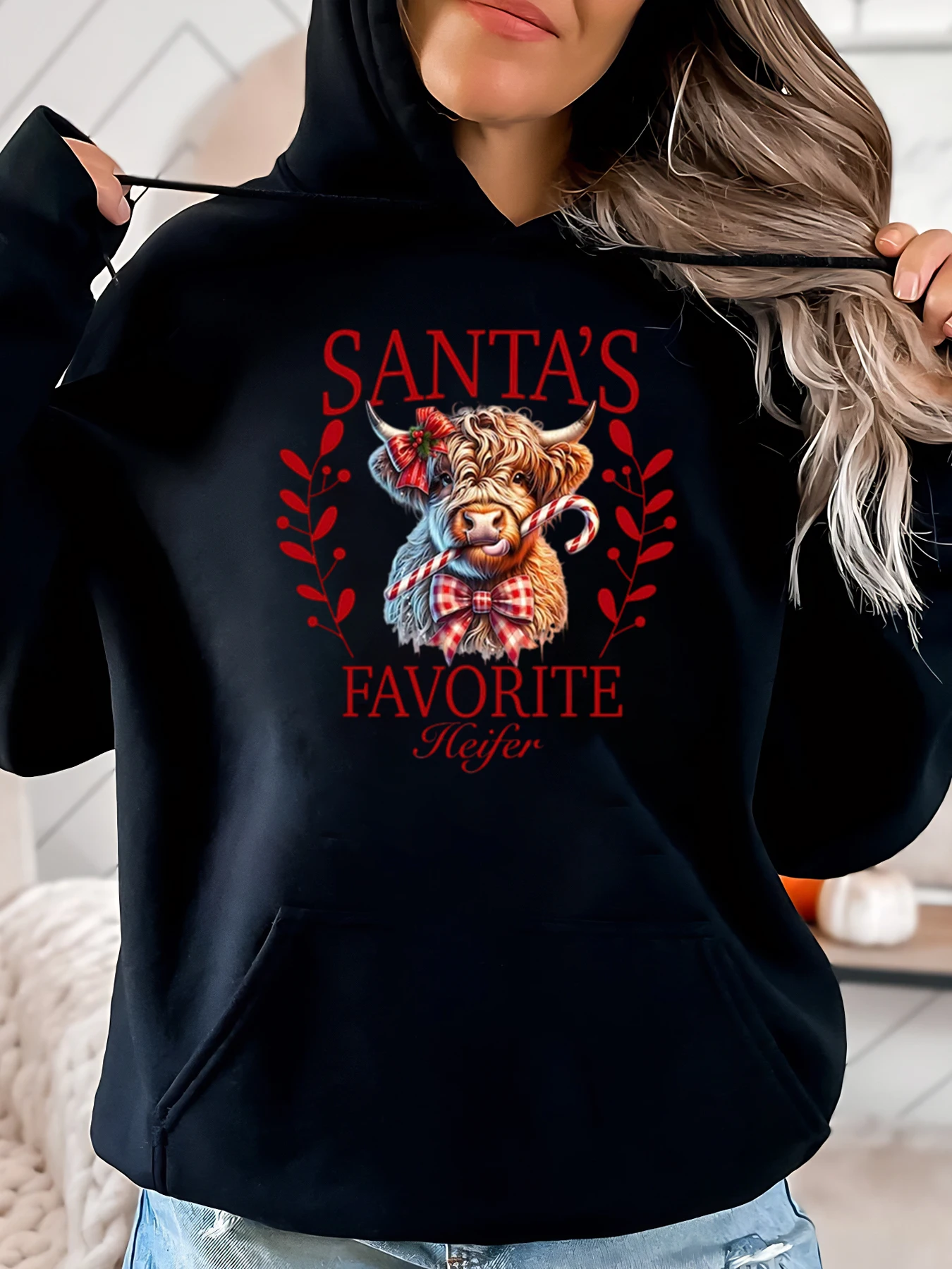 

Улюбимый Санта-Клаус с рождественским принтом и оленями, женская праздничная повседневная одежда, черный, больших размеров