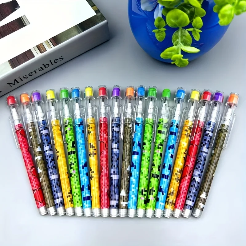 Juego de 16 lápices con colores aleatorios y diseños de patrones de píxeles, lápices de dibujos animados, lápices de premio para estudiantes, lápices con gomas de borrar, suministros de papelería, excelentes artículos de aprendizaje y regalos