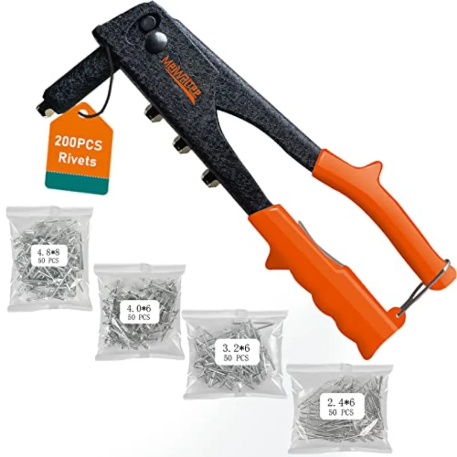 Meiwaltee Rivet Gun Professional Pop Rivet Gun Kit with 200Pcs Rivets in 3 32'1 8'5 32'3 16' Sizes Heavy Duty Hand Riveter Tool