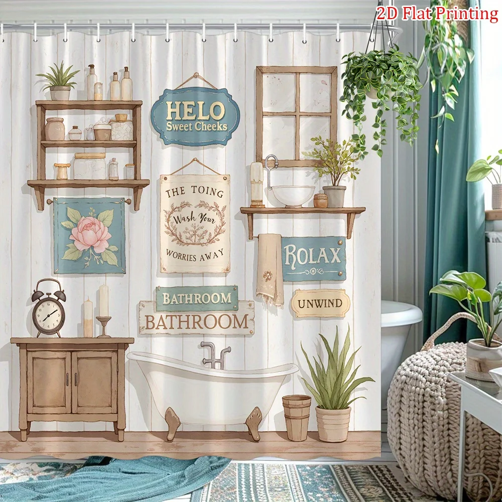 

2D плоская печать, 1 шт., уютная винтажная занавеска для душа для ванной комнаты, декор для ванной комнаты с белой ванной на когтях, деревянными полками