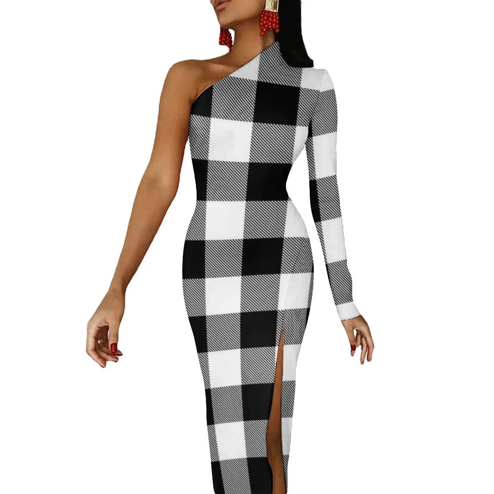 

Black White Plaid Long Dress Womens Vintage Check Party Maxi Dress Autumn Trendy Bodycon Dresses High Slit Pattern Vestido