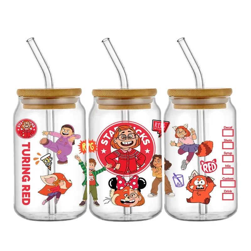 Disney Turning Red Cartoon UV DTF Cup Wrap 16oz Sticker Libbey Glass Bottle Can Transfer Sticker Waterproof Self-adhesive Labels