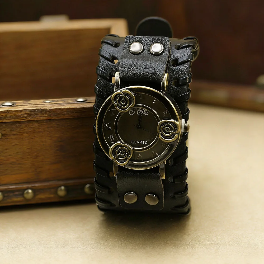 Vintage Bronze Rose Genuine Leather Strap Watch Women Retro Quartz Dress Bracelet Watch Student Casual Wristwatch