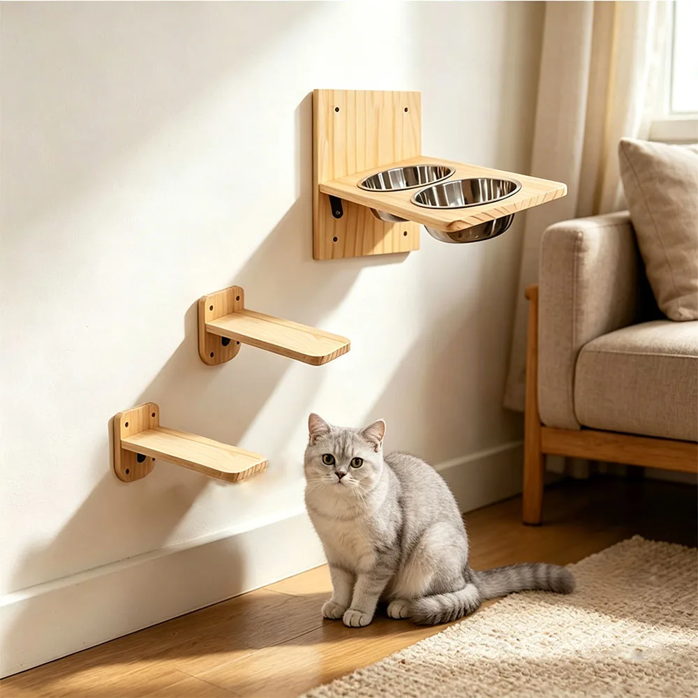 Comedero de pared para gatos con estante y tazones de acero - imagen 3