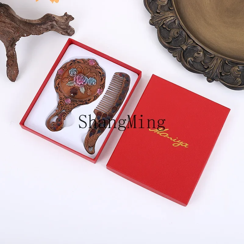 

CL retro rose handle makeup mirror light luxury peacock mirror comb set portable metal small gift makeup mirror