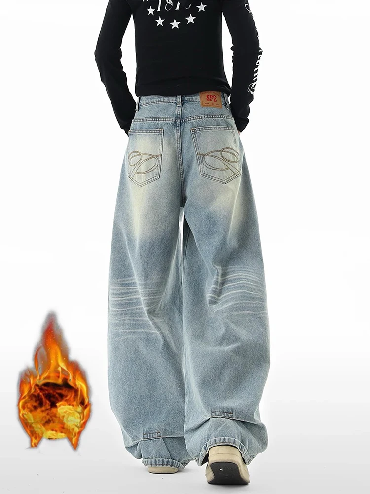 

Y2K Fleece Jeans Women American High Street Washed Curved Knife Loose Wide Leg Winter Pants