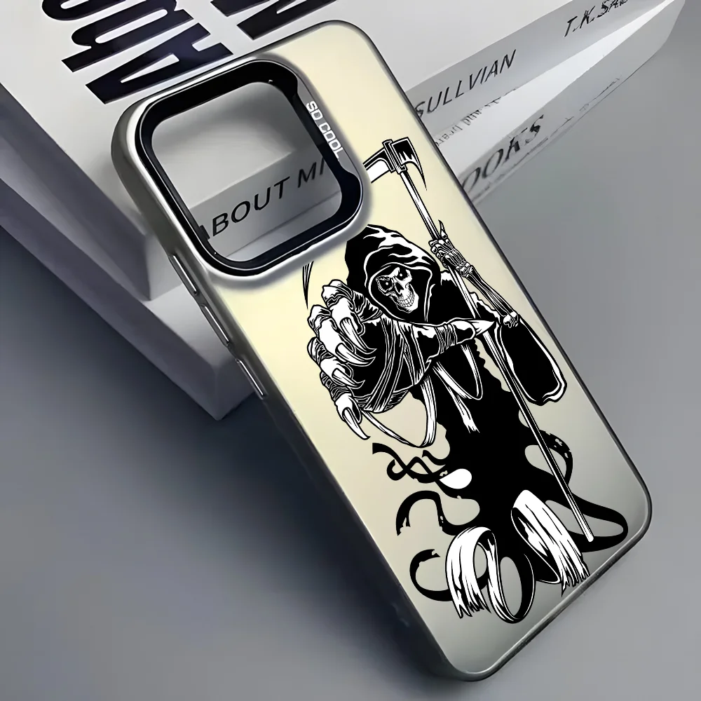 

Grim Reaper Skeleton Phone Case For iPhone 16 15 14 13 12 11 Pro Max Black Matte Multicolor Laser Metallic Aurora Cover