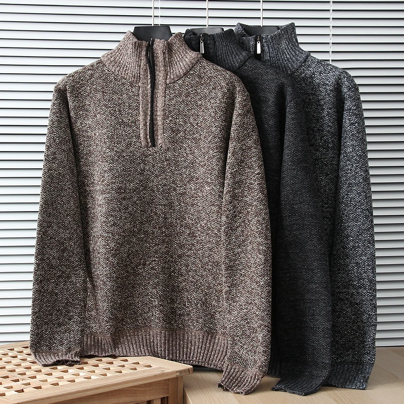 

Свитер с воротником-стойкой на половину молнии для мужчин, осень-зима, однотонный вязаный пуловер, топы, американский повседневный модный вязаный топ