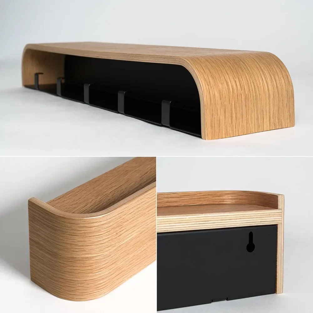 

zz Wall-Mounted Coat Rack Modern Design Coat Rack with Hidden Wall Hooks Solid Wood Veneer Panel Coat Hanger Oak