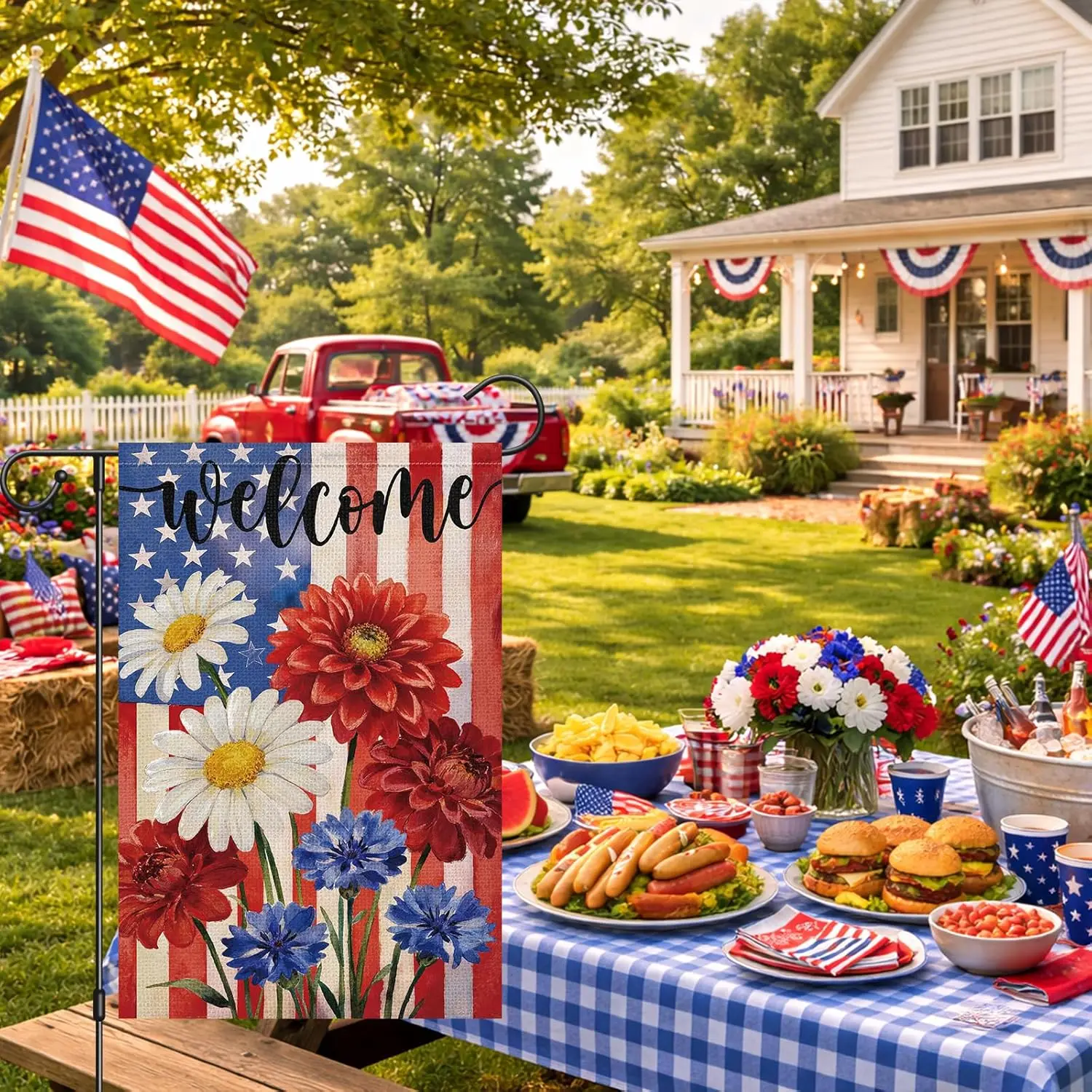 Heyfibro Welcome 4th Of July Patriotic Garden Flag 12x18 Double Sided Burlap, American Flag Daisy Floral Yard Banner for Rus AAS
