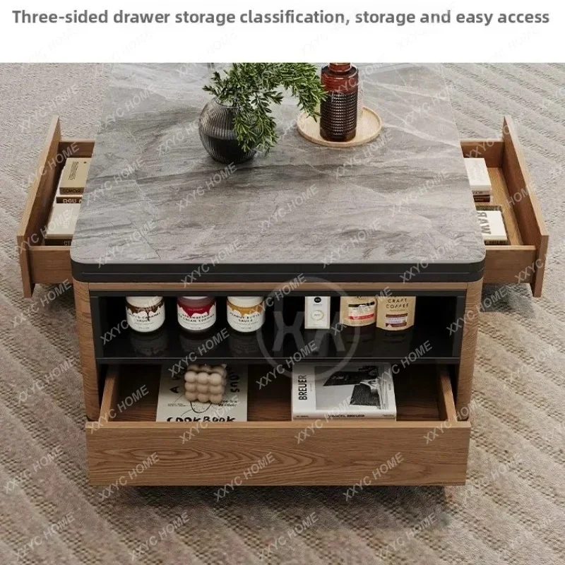 Lmulti-functional rock slab lifting coffee table dining table integrated dual-purpose small apartment household with stool