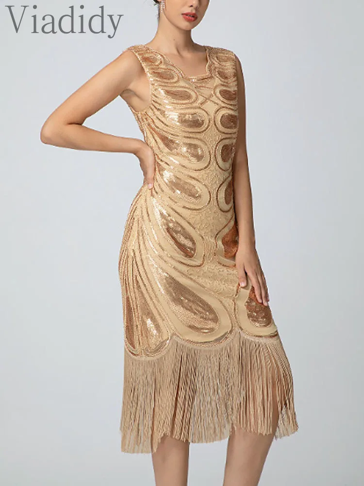 

Women's Sexy Solid Color Glitter Sleeveless Sequin Tassels Decor Party Dress
