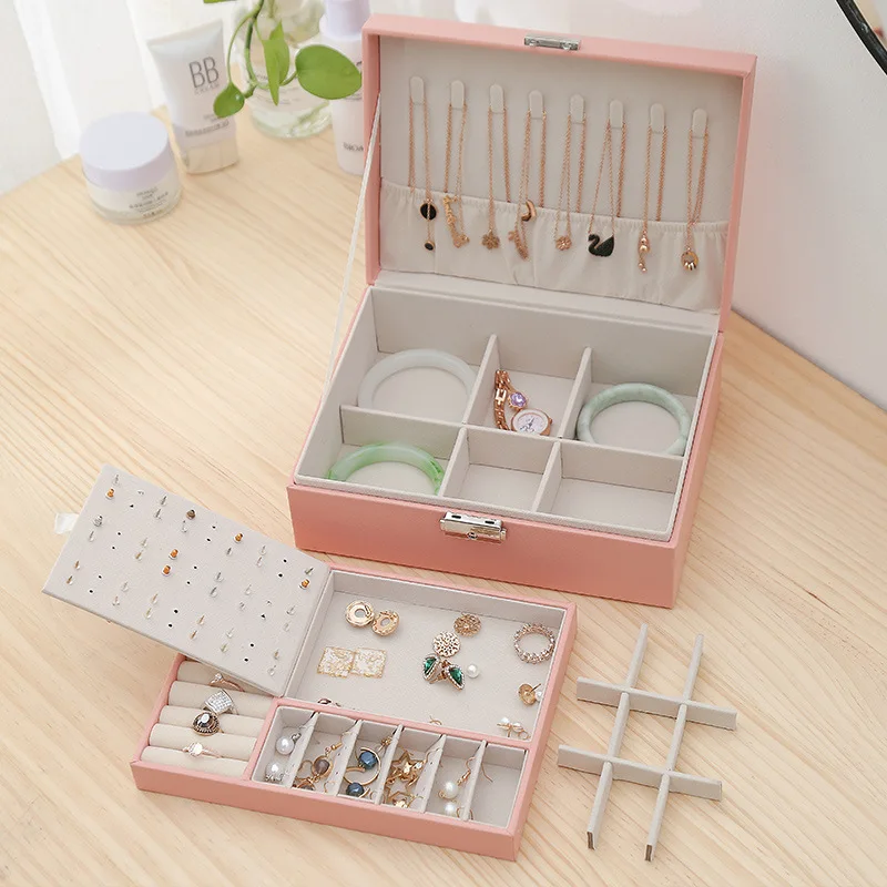 

PU Leather Jewelry Storage Organizer and Makeup Case Double-layer Wooden Jewlery Box Ring Box Jewelry Boxes and Packaging