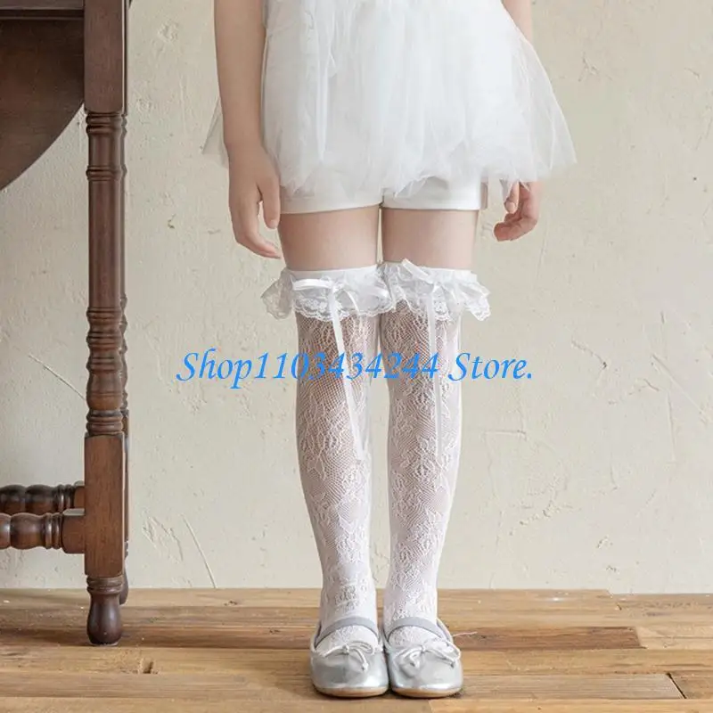  Kids Knee Socks with Lace Bowknot Trim Soft Stretch Fabric Ruffle Stockings for Dress Up and Daily Outfit Styling